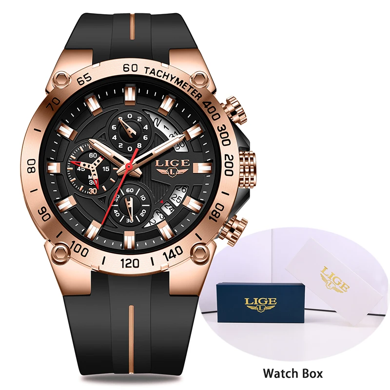 LIGE Fashion Mens Watches Military Silicone Sport Waterproof Quartz Watch For Men Original Brand Luxury Chronograph Reloj Hombre