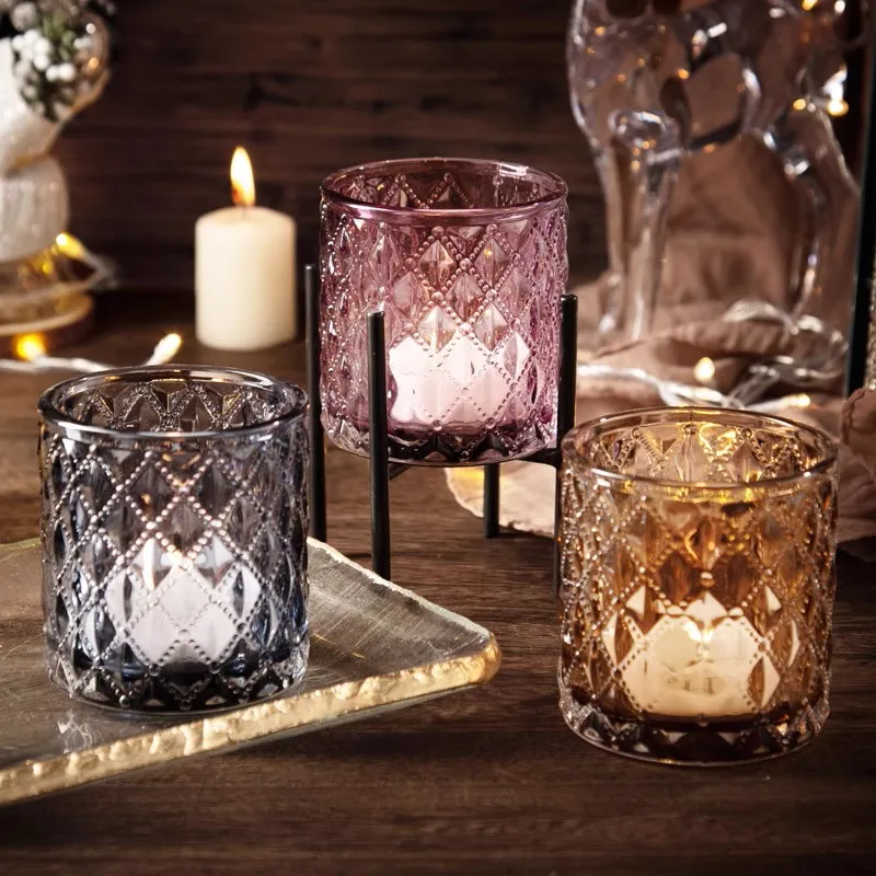 European Elegant Glass Candle Holder With Diamond On Green Blue Purple Amber Orange Color For Home Coffee Bar Wedding Decoration