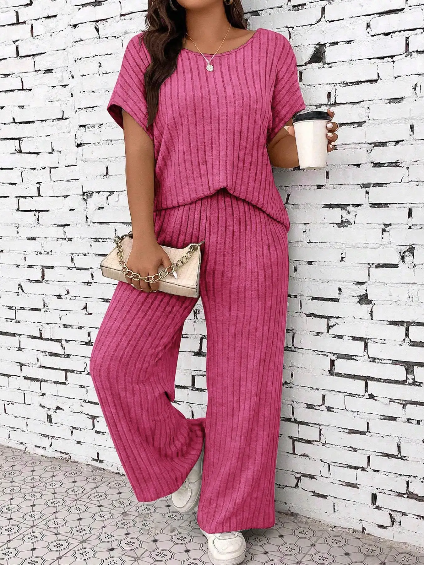 Ensemble t-shirt à manches chauve-souris texturées et pantalon à taille élastique pour femme, t-shirt décontracté à manches courtes et pantalon à jambe droite