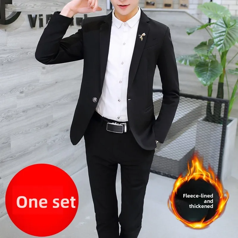 

Korean Sle Men's Thiened Fce Lined Casual Suit Set Slim Fit Two Piece Briti Sle Trendy Outerwear Winter Busin C...