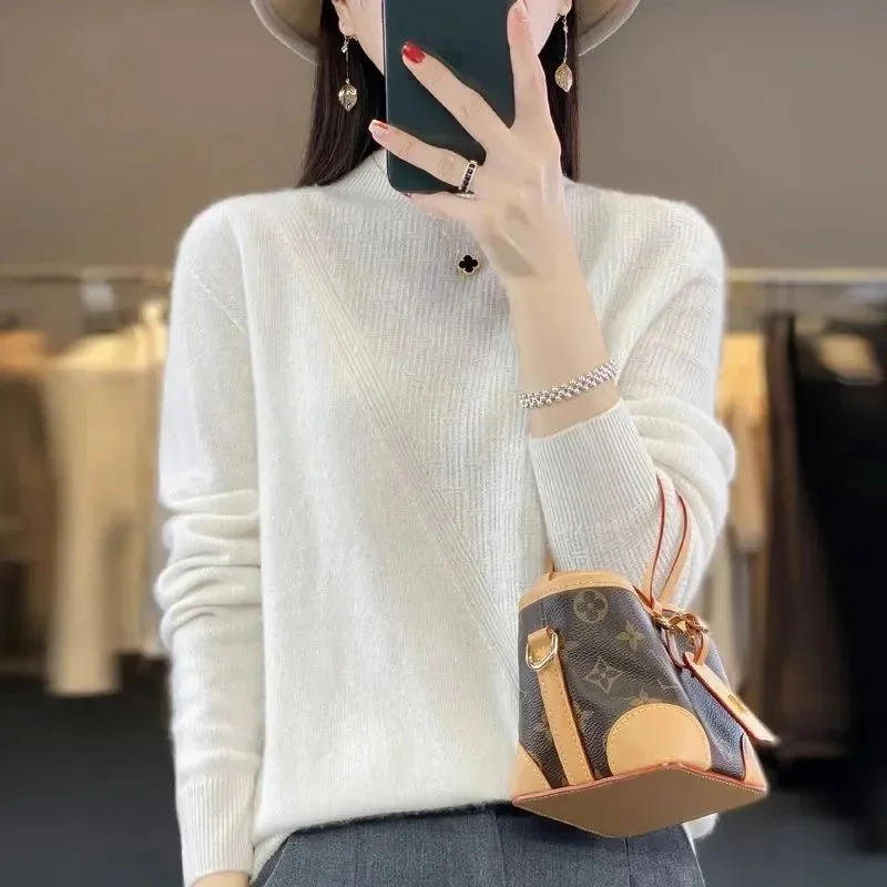 2024 New Women Autumn Winter Knitted Sweater Half High Collar Solid Color Underlay All Match Long Sleeve Top