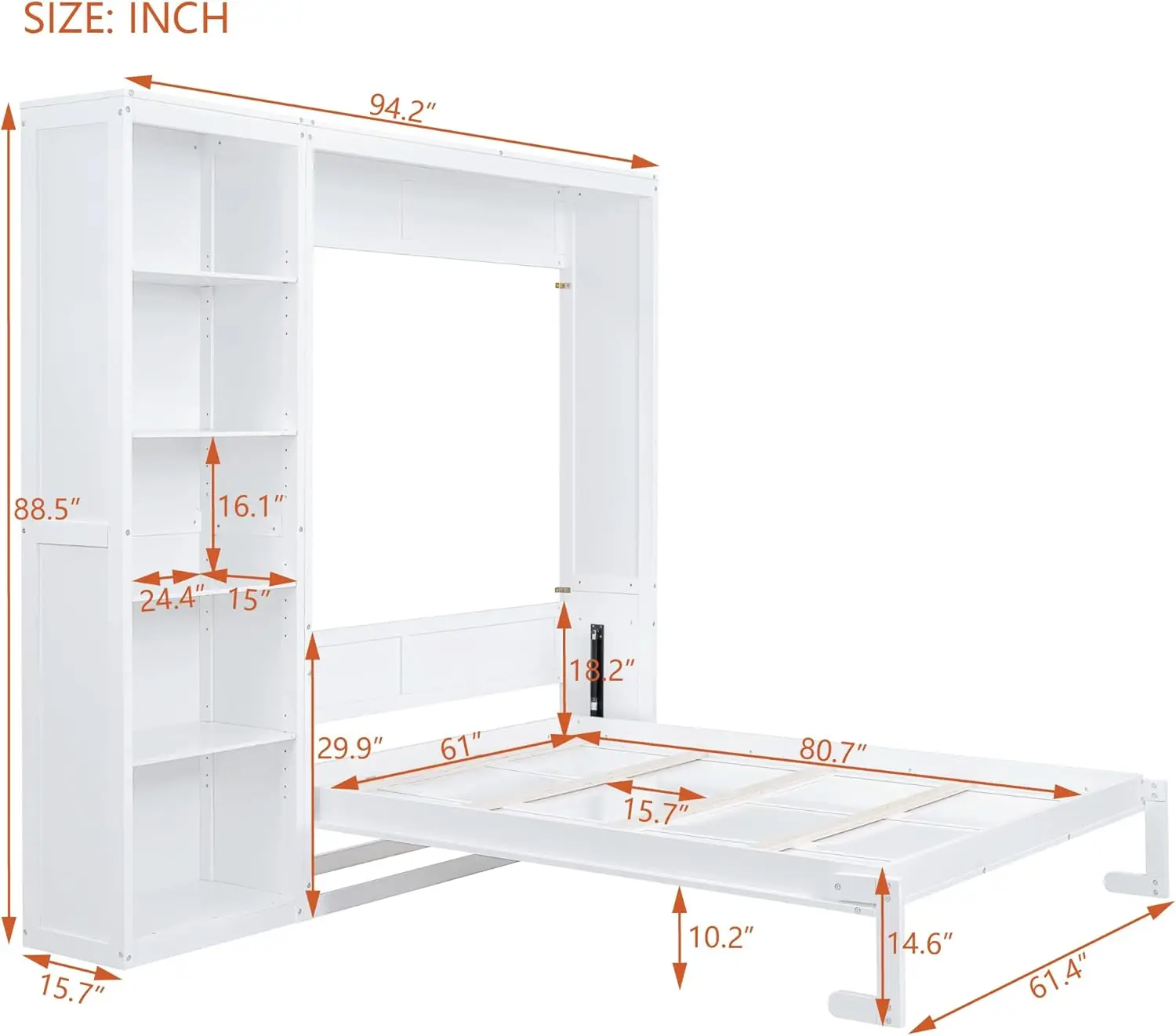 Queen Size Murphy Bed Wooden Wall Bed with Shelves White Crafted from durable industrial-grade laminated MDF and plywood