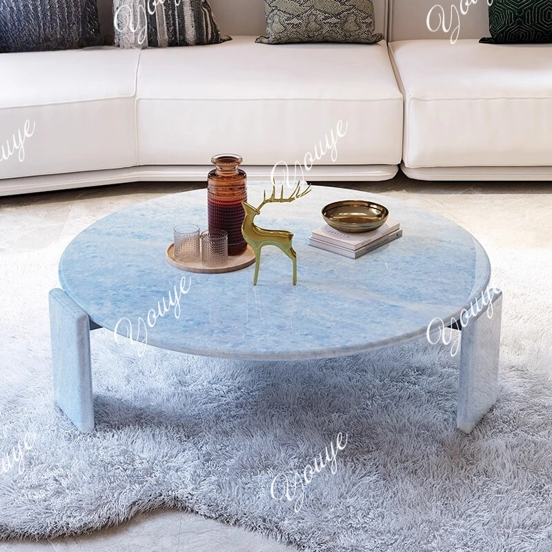 

Luxury stone round coffee table Blue crystal designer living room High-end natural marble round coffee table