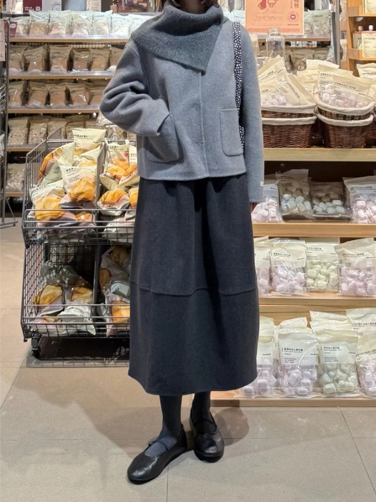 

Deep Bla Woolen A-Line Skirt Women's Autumn Winter New plus Size Flattering High Waist Flower Bud Skirt Casual Wear