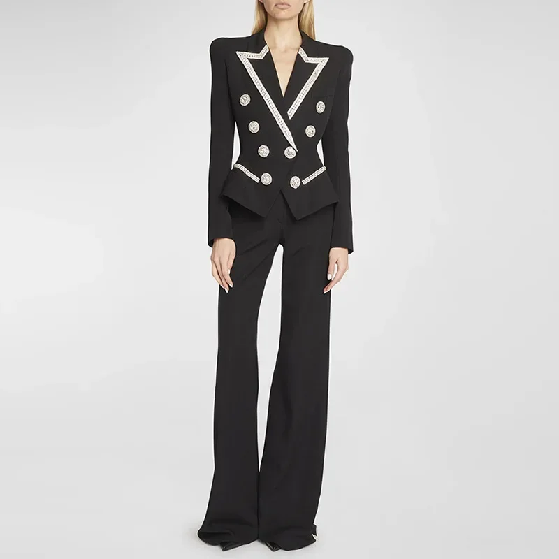 Ensemble blazer et pantalon noir cristal pour femme, veste femme, vêtements de travail d'affaires, robe de Rhà double boutonnage, olympiques de bureau, printemps