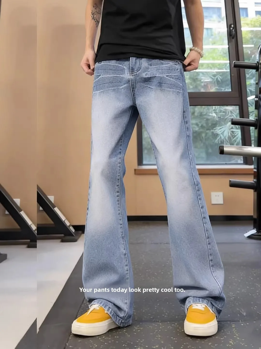 Slim Fit Water Washed Lightning Pattern Jeans Men's Straight Leg Narrow Version Long Leg Effectiveness Jeans Micro Flare
