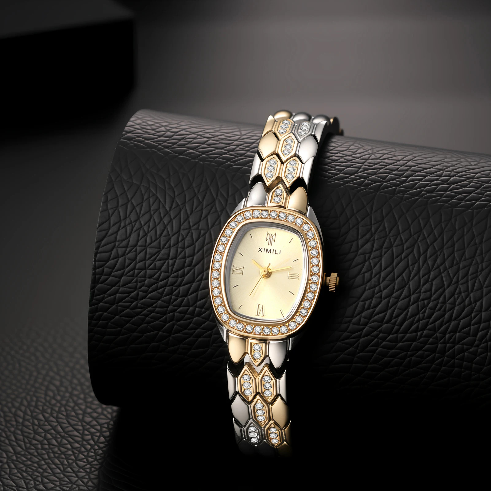 

JEWELRYWE Women Square Diamond Watch Gold Case Gold Dial Quartz Bracelet Removable Strap Elegant Party Watch