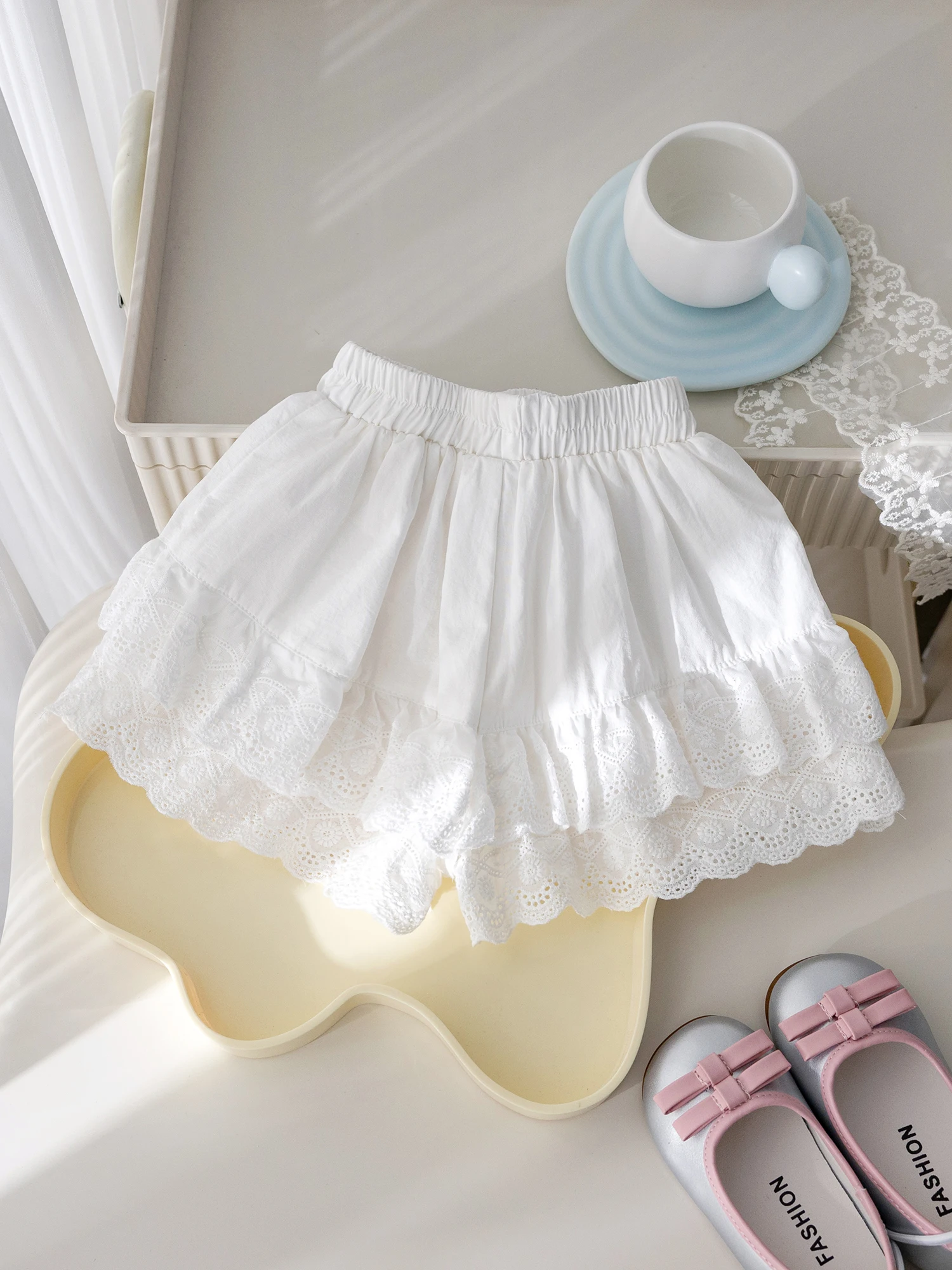 Baby Girls Short Sleeve Set Summer New Sweet Bow Lace O-neck T-shirt Top Fashion Jacquard Loose Shorts Two Piece Suit ﻿