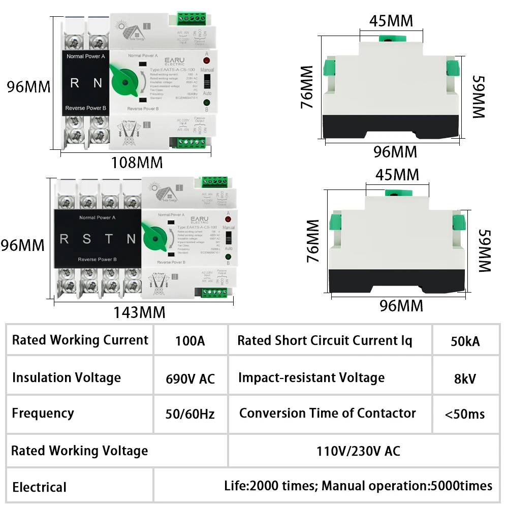 2P 4P Din Rail ATS for PV and Inverter Dual Power Automatic Transfer Selector Switches Uninterrupted 100A 220V 110V