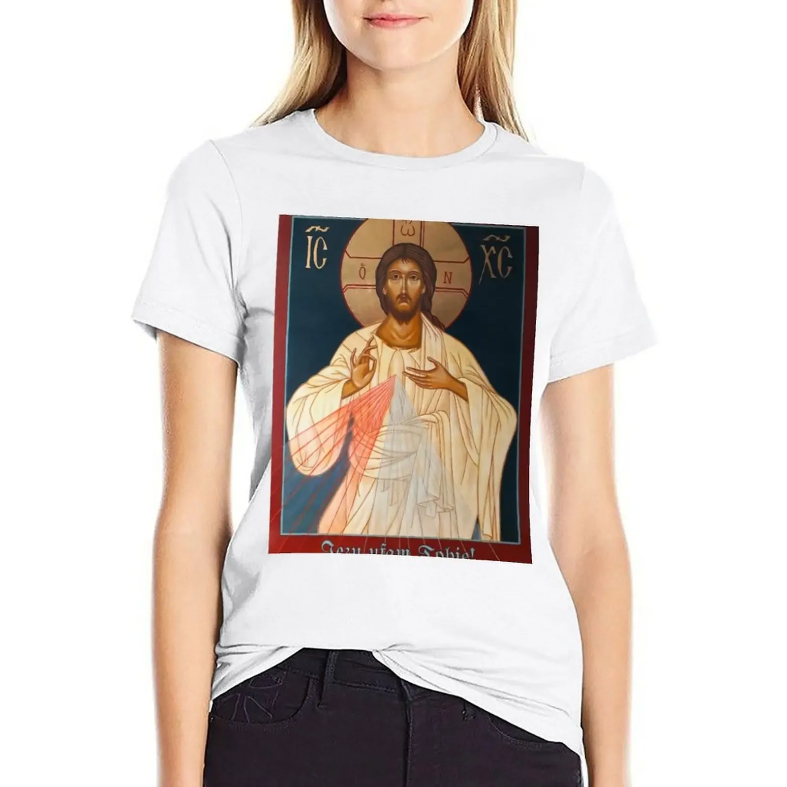 

Merciful Jesus Icon by Leonid Bózio - Jezu Ufam Tobie T-shirt plus size tops Female clothing oversized korean Women's clothes