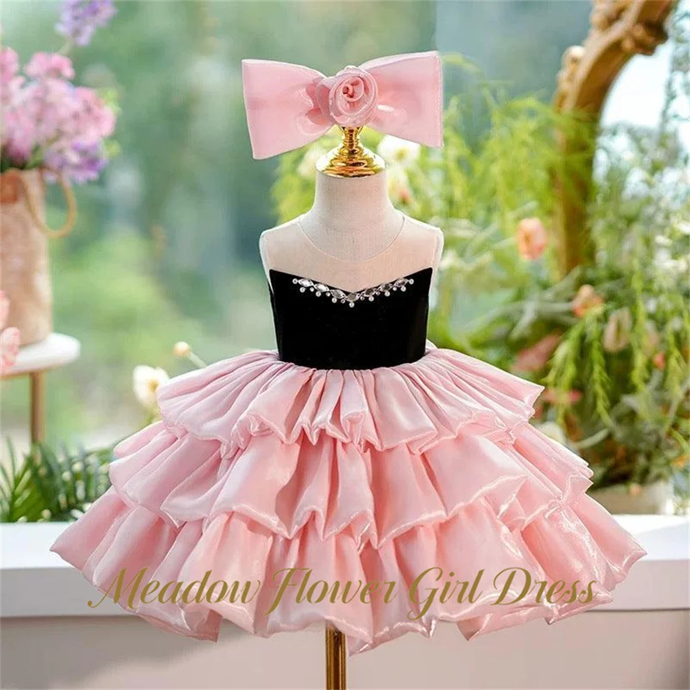 Meadow Black and Pink Wedding Gown for Girls 3-13 Years Old Layered Kids Birthday Party Gown A Line Bow Pageant Gown for Girl