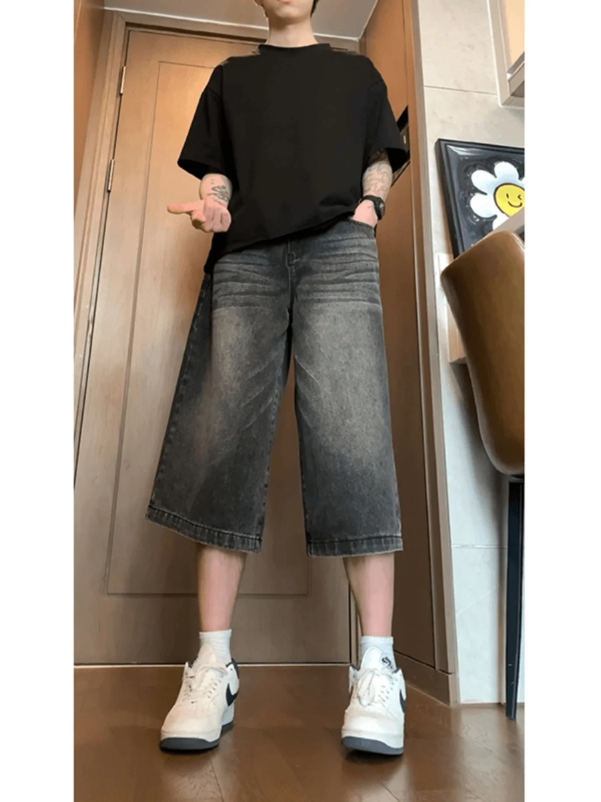 

Men's Summer Thin Wide Leg Bla ey Denim Jeans Mid-Low Waist ort Length Cotton Polyester Blend Straight Cut Loose Fit