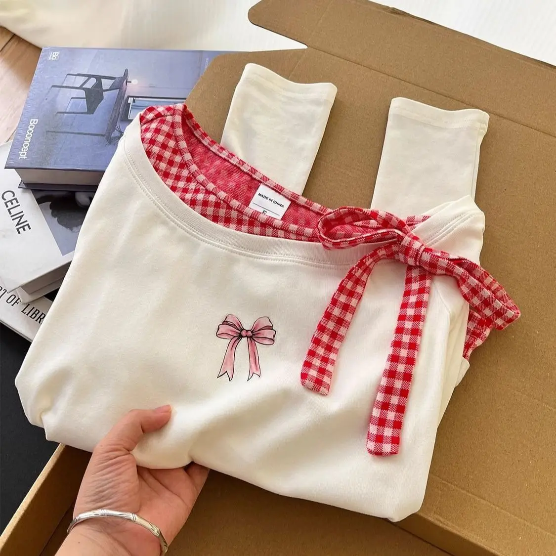 New Women's Autumn and Spring Casual Color-Block Plaid Bow False Two-Piece Slant Collar Long Sleeve T-Shirt