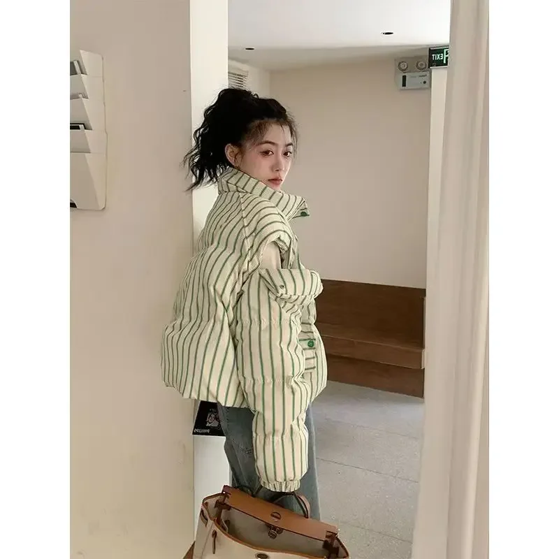 פסים ירוקים לעמוד צווארון חלול החוצה שרוול ארוך שרוול ארוך שרוול שרוול ארוך שרוולים בגדי נשים kawaii כפתור kawaii קצר