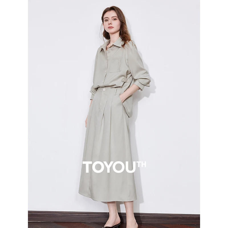 TOYOUTH Women Two Piece Set 2025 Spring New Long Sleeve OL Shirt With Mid Length Skirt Workwear Casual Suits