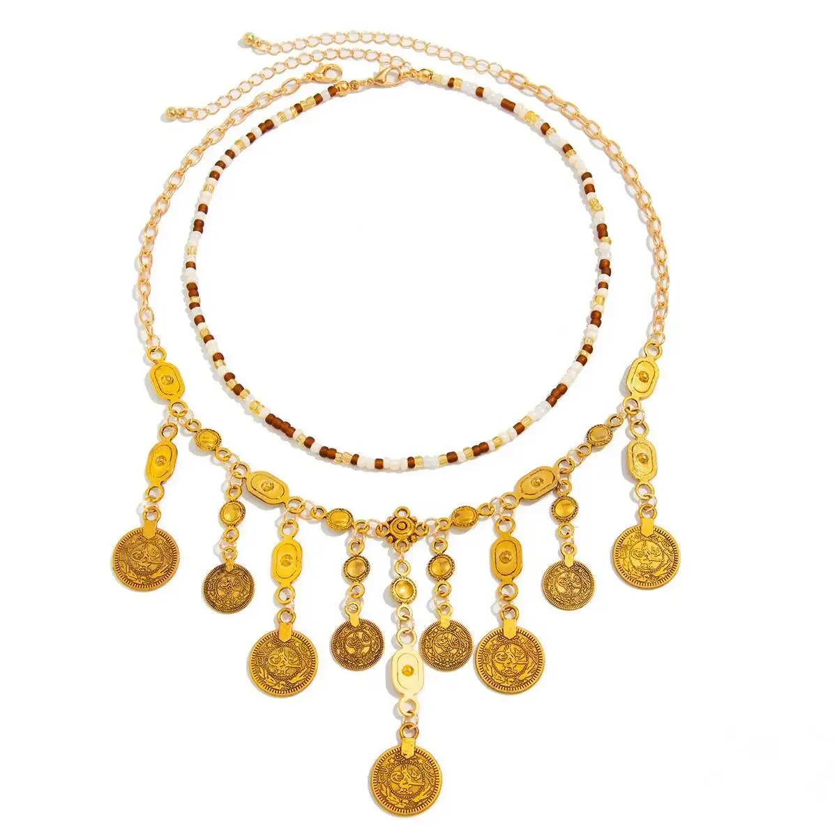 Ingemark​ 2Pcs/Set Vintage Coin Tassel Pendant Necklace Women Boho Exquisite Ethnic Gold Color Choker Neck Luxury Wed Jewelry