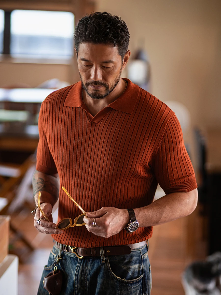 Lightweight Short Sleeve Knitted  Shirt Summer Thin Style Old Money Stripe Pattern Ocean Collar T-Shirt for Young Men