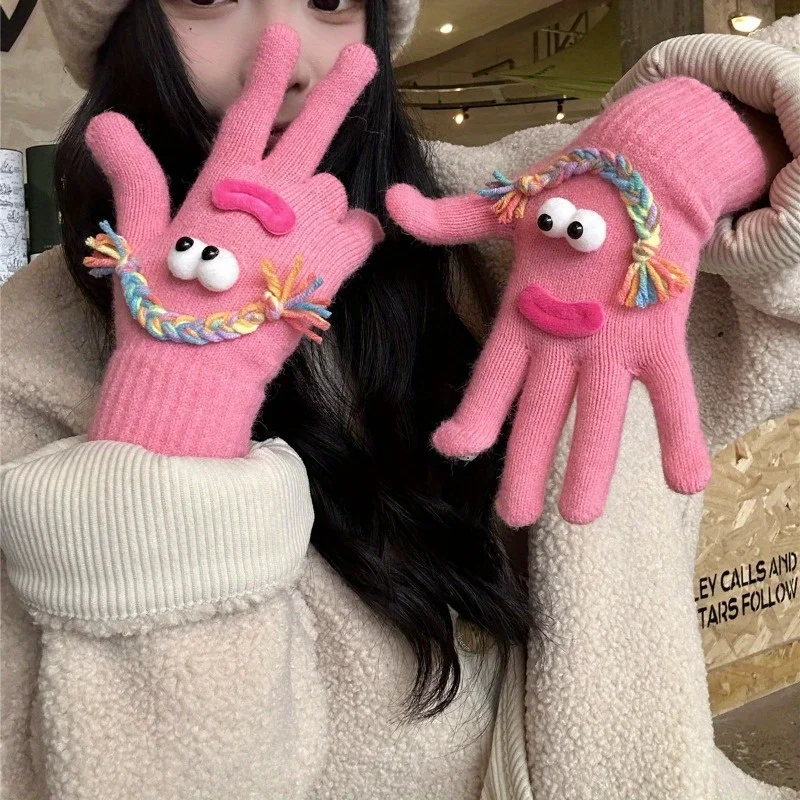 Cute funny ugly cute gloves winter female velvet warm windproof cold student riding touch screen five fingers