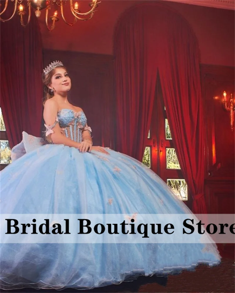 New Arrival Luxury Blue Princess Ball Gown Quinceañera Dresses 2024 Bow Butterfly Appliques Beads Birthday Party For 15th Girls