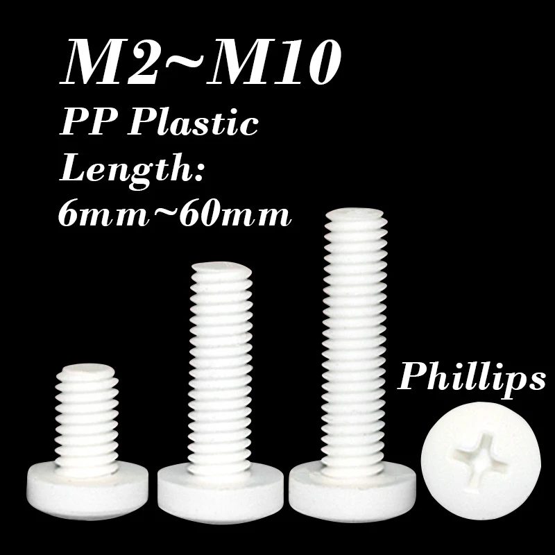 10~50 Pcs Phillips Round Pan Screw Pp Polypropylene Material M2 M2.5 M3 M4 M5 M6 M8 M10 Plastic Insulation Round Screw