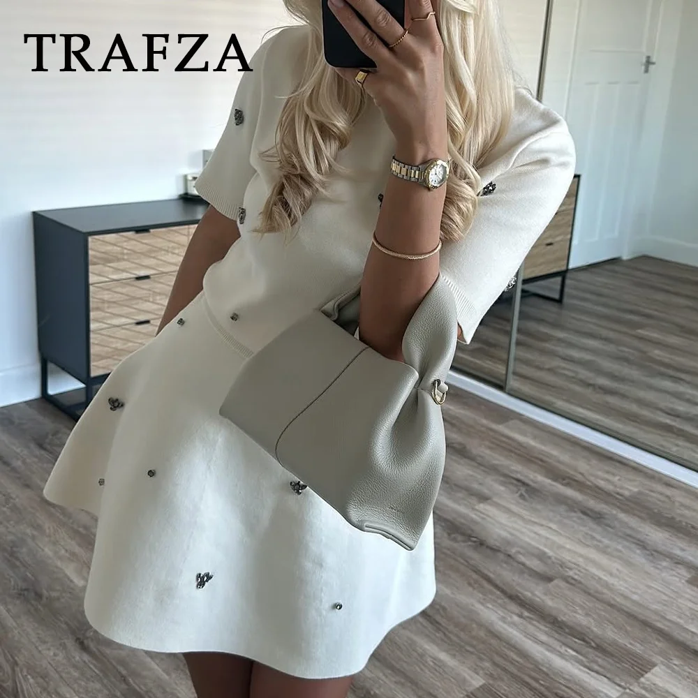 TRAFZA 2025 printemps été Streetwear diamants tricoté femmes costumes mode élégant col rond solide