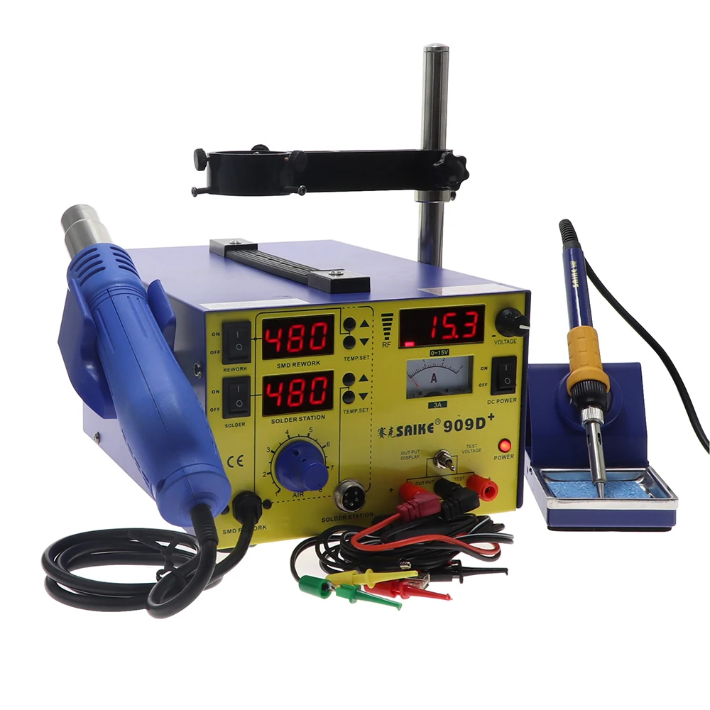 SAIKE 909D+ 3 in 1 Rework Station Hot Air Soldering Station DC Power Supply 15V 3A Digital Display High Power, Rapid Temperature