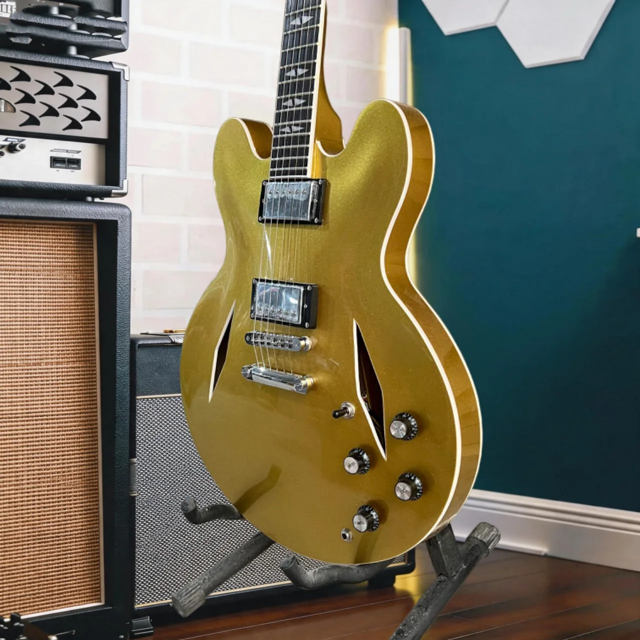 Gold F Hole Semi-Hollow ES-335 Electric Guitar Metallic Gold Gloss Finish Ash Wood Body Dual Humbucker Pickups Vintage Hollow