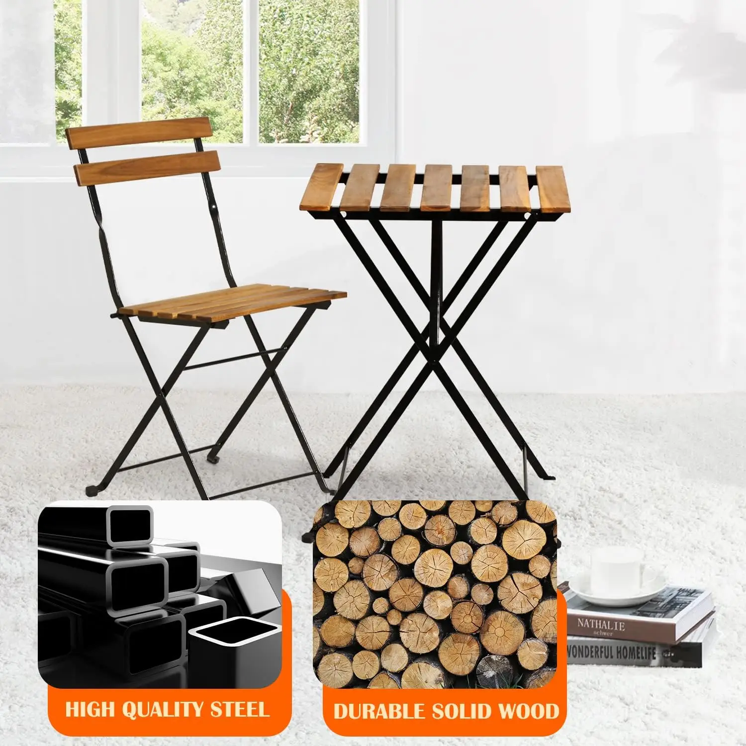 Natural wood 3-piece folding patio bistro set including one table and two foldable chairs, space-saving small outdoor furniture for apartment, lawn, balcony and backyard daily rest view 4