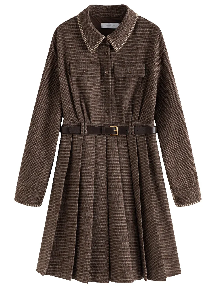 FSLE 22.9% Wool Polo Neck Women Brown Plaid Stripe Knee-Length Dress Belt Design Winter Commuter Pleated Skirts Shirt Dresses