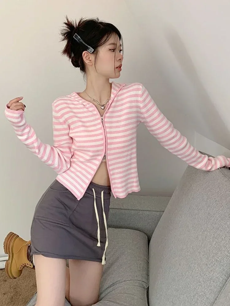 2024 Pink Striped Vintage Y2k Aesthetic Women Cardigan Japanese Knitted Sweater Crop Coat Female Hooded Double Zipper Kardigany