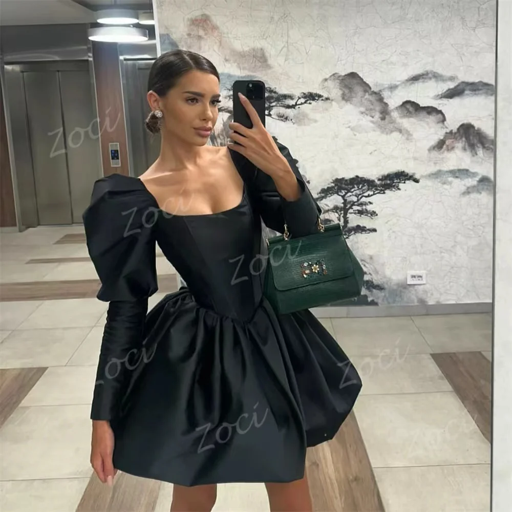 Zoci Black Satin Minin Prom Dresses Long Sleeves Square Neck Vestidos De Fiesta Elegantes A Line Robes De Soirée Customized