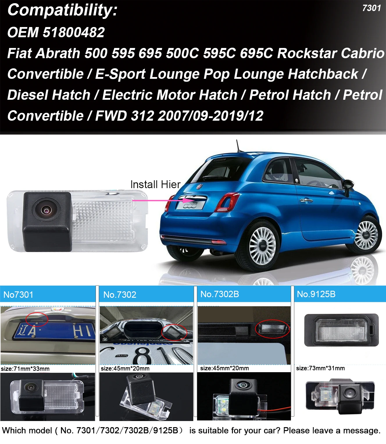 car reverse camera for Fiat 500 Abarth 500C 595C 695C 312C Linea 500X 2007-2020 Convertible E-Sport Lounge Pop Lounge HatchbacK