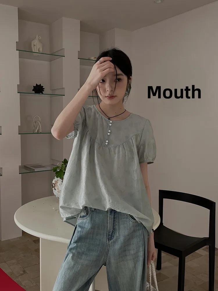 

Boran New Chinese Style round Neck Loose Slimming Short Sleeve Women's Shirt Summer New Arrival Comfortable Breathable Cotton