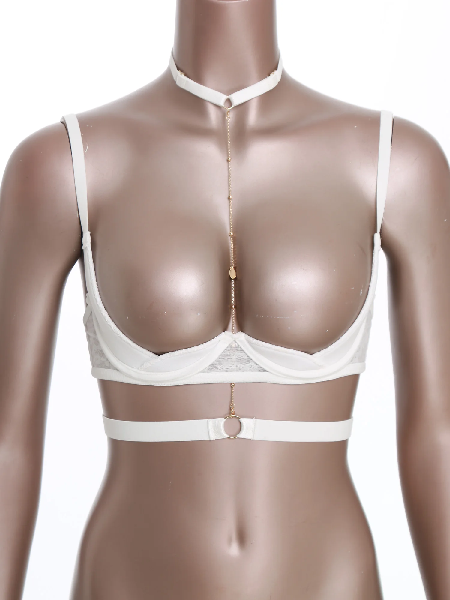 

Women Lingerie Cutout Cups Underwire Push up Bra with Halter Metal Chain Body Chest Harness Nightwear for Honeymoon Dating Night
