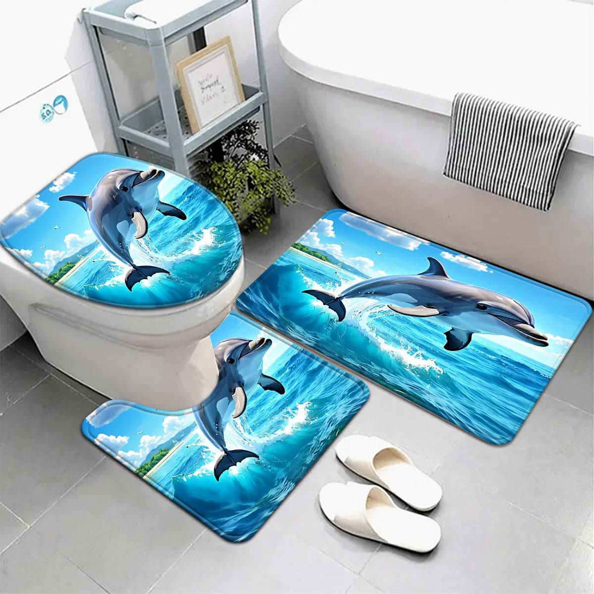 

3pcs Jumping Dolphin Bathroom Rug Set Non-Slip U-Shaped Mat and Toilet Lid Cover Blue Ocean Sea Animal Theme Indoor Floor Mats