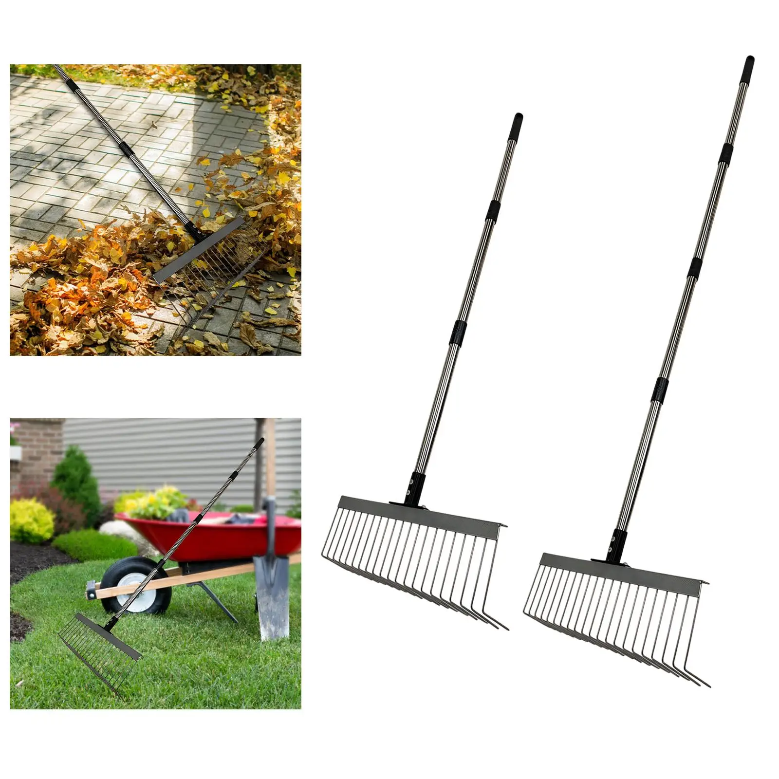 Heavy Duty Garden Thatch Rake Multifunctional, Metal Splicing Handle 40cm Wide L Shaped Tines
