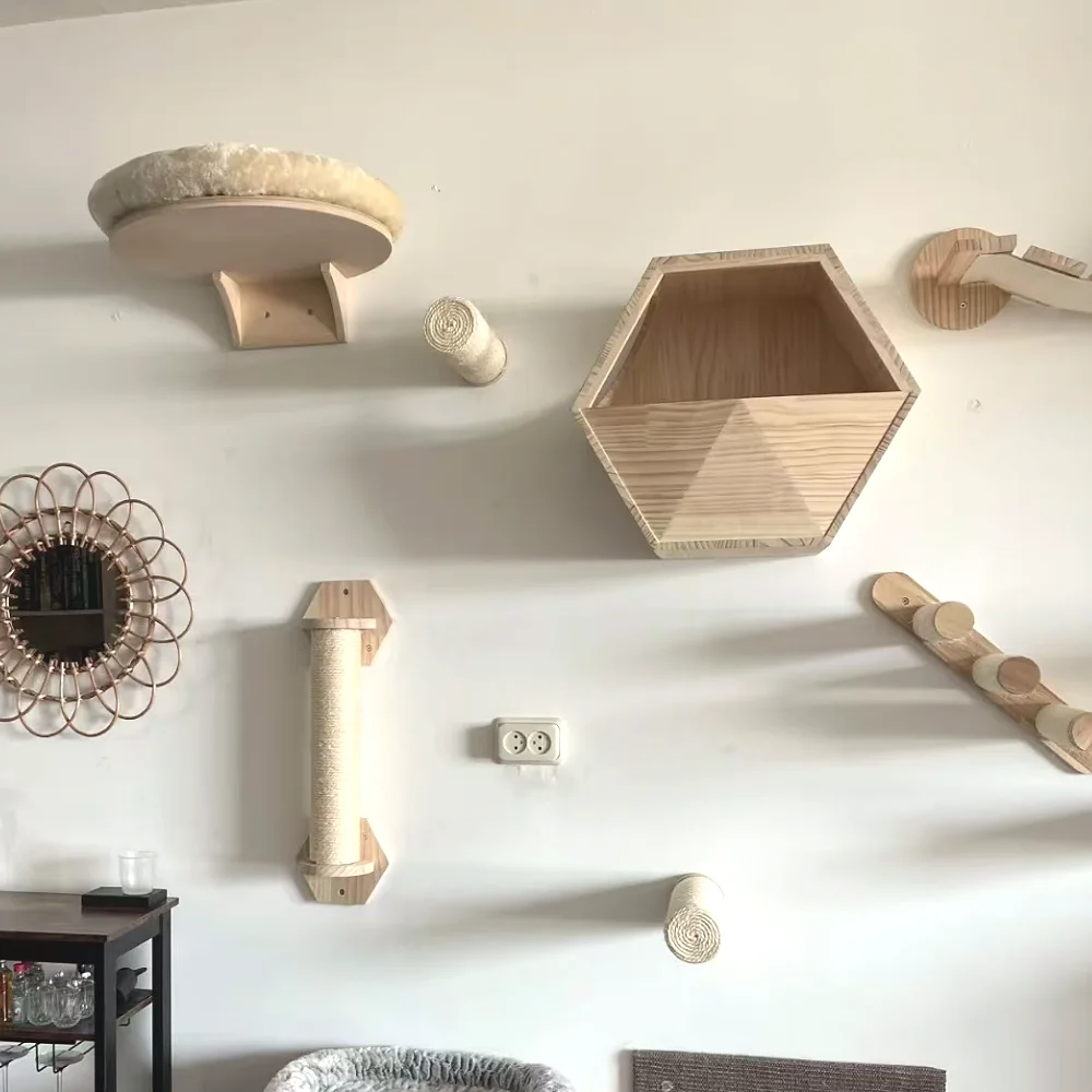 

Cat Tree Tower Wall Mounted Cat Climbing Shelves Sisal Scratching Posts Hammock Hiding House Indoor Cats Walk Pet Furniture