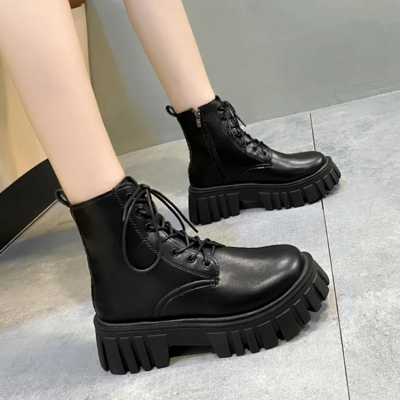 2024 White New Women Ankle Boots Autumn Winter Platform Zipper Women Punk Boots Thick Sole Lace Up Combat Booties Female Mujer