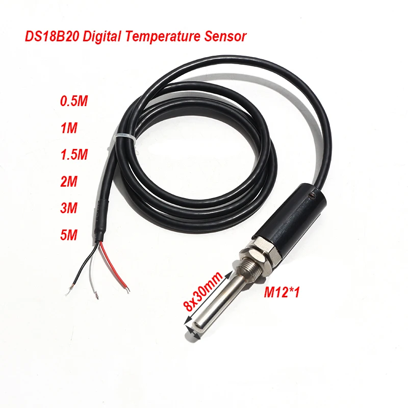 1PC DS18B20 Signal Temperature Sensor M12*1 Thread 3-cores Probe 8x50mm 0.5M/1M/1.5M/2M/3M/5M Shielding Anti-interference