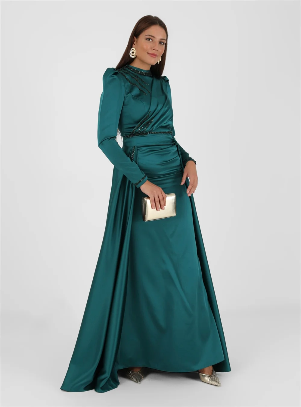 Amanda Modest Long Sleeve Prom Dress Green Silk Evening Dress With Removable Train High Neck Party Dress فساتين مناسبة رسمية