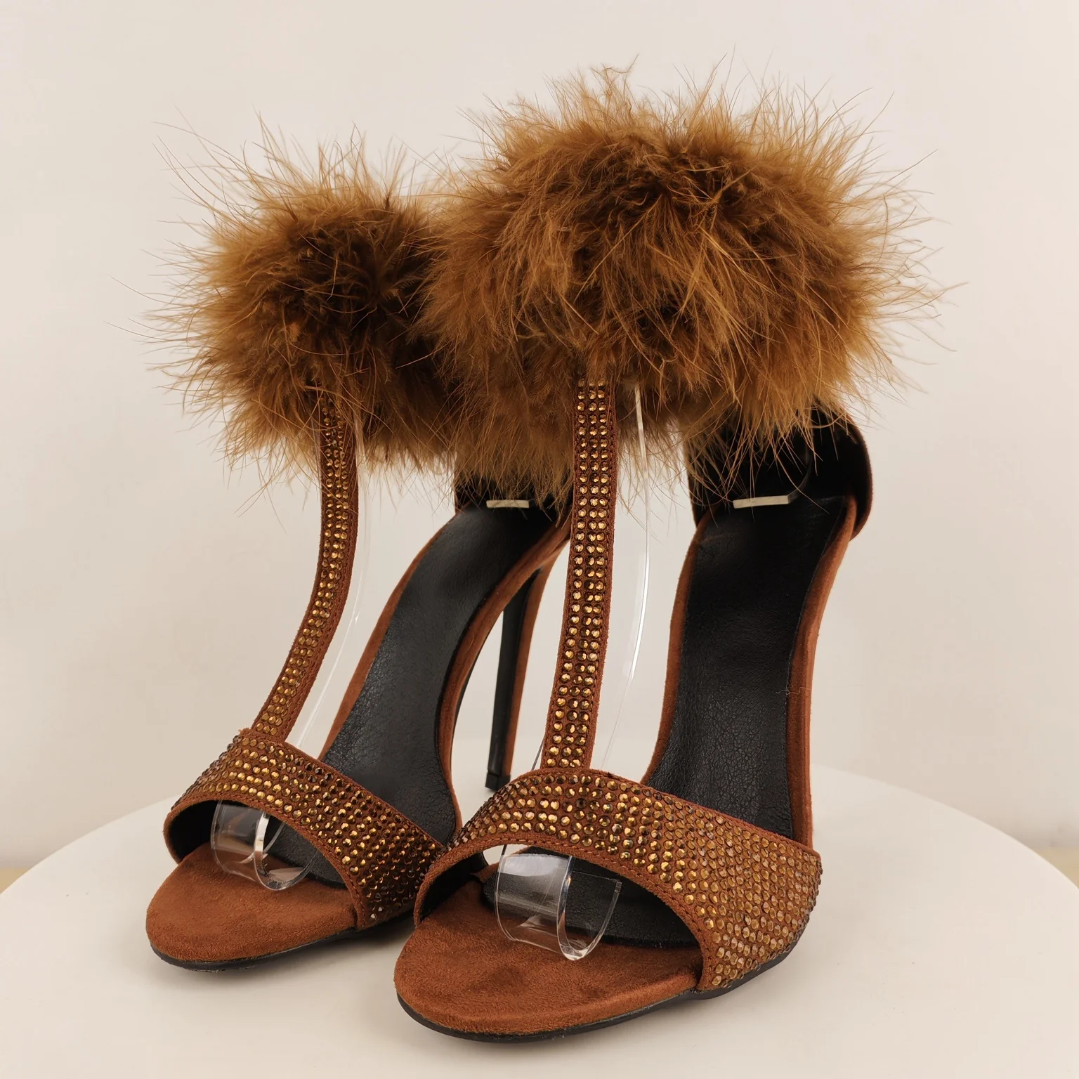 

Brown Suede Feather Pom‑pom Decor Rhinestone Open Toe T‑Strap Thin Stiletto High Heels Pumps Women Sandals De Mujer Sexy Shoes
