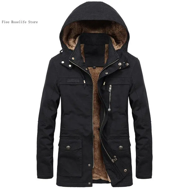 Autumn and Winter Casual Solid Color Stand Up Collar with Velvet Washed Medium To Long Windbreaker Jacket for Men