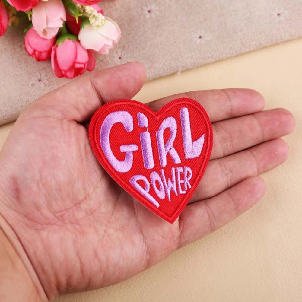 2PCS Girl Power Red Heart Badges Patch Iron On Embroidered For Kids Clothing DIY Accessory Embroidered Enligh Letters Appliques