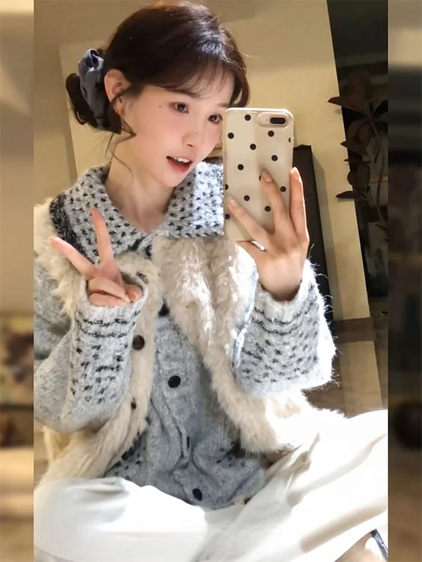 Furry Short Sleeveless round Neck Vest Cardigan Women's Versatile Autumn Winter Soft Thick Outerwear Top  Collar Regular ...