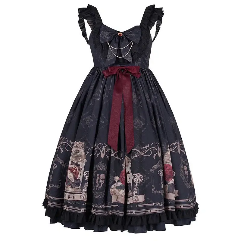 Vestido Lolita Gótico Vintage, Cintura Alta Falbala, Kawaii, Estilo Escuro, Vitoriano, Jsk Loli