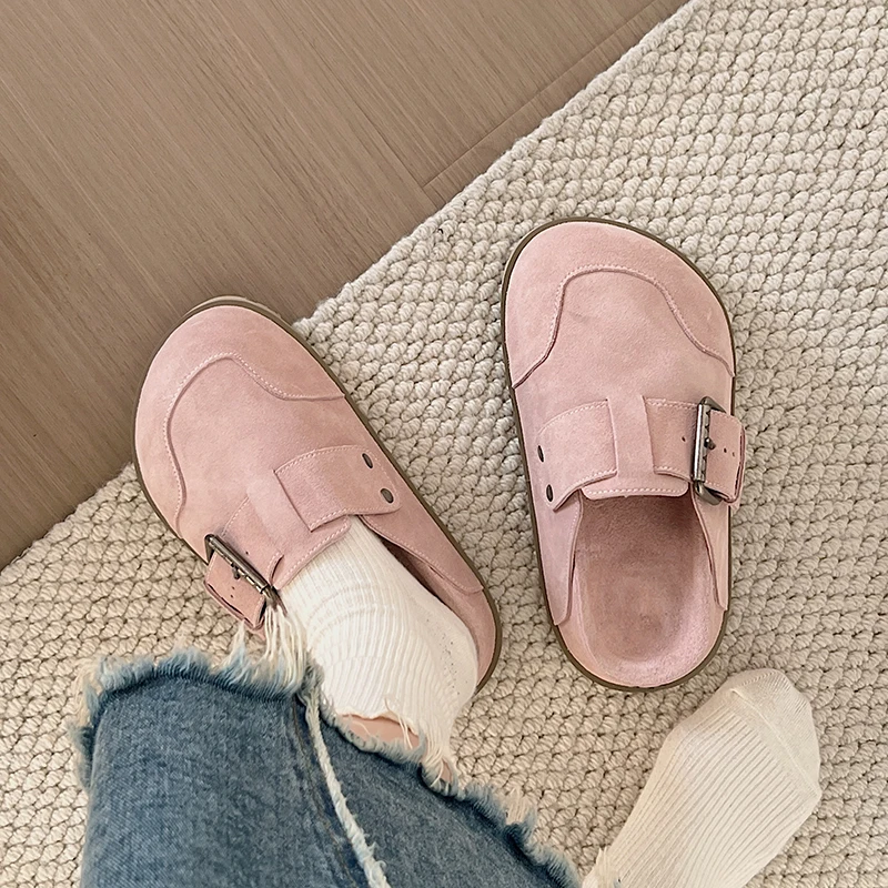 

Flat Shoes Female Loafers Slippers Casual Flock Slides Slipers Women Med Cover Toe Luxury 2024 Rome Retro Rubber PU Fabric