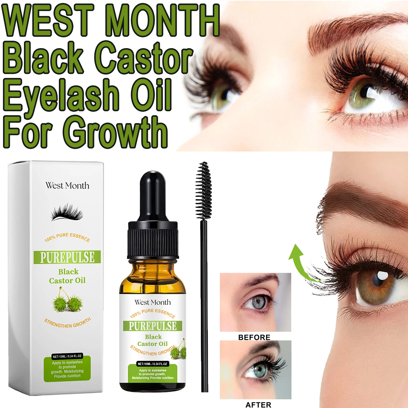 WEST MONTH Schwarzes Rizinus-Wimpernöl für das Wachstum, reich an Nährstoffen, spendet tief feuchtigkeitsspendend, nährt Wimpern, verhindert Trockenheit, 10 ml
