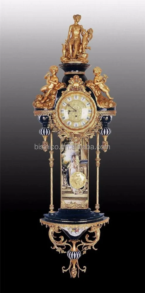 Luxury and gorgeous brass mounted ceramic wall clock, music performance antique craftsmanship, antique angel decoration clock