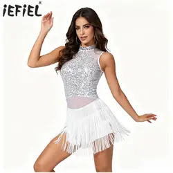 Womens Glittery Rhinestone Sequined Jazz Ballroom Dance Dress Latin Tango Rumba Cha-Cha Samba Performance Figure Skating Costume
