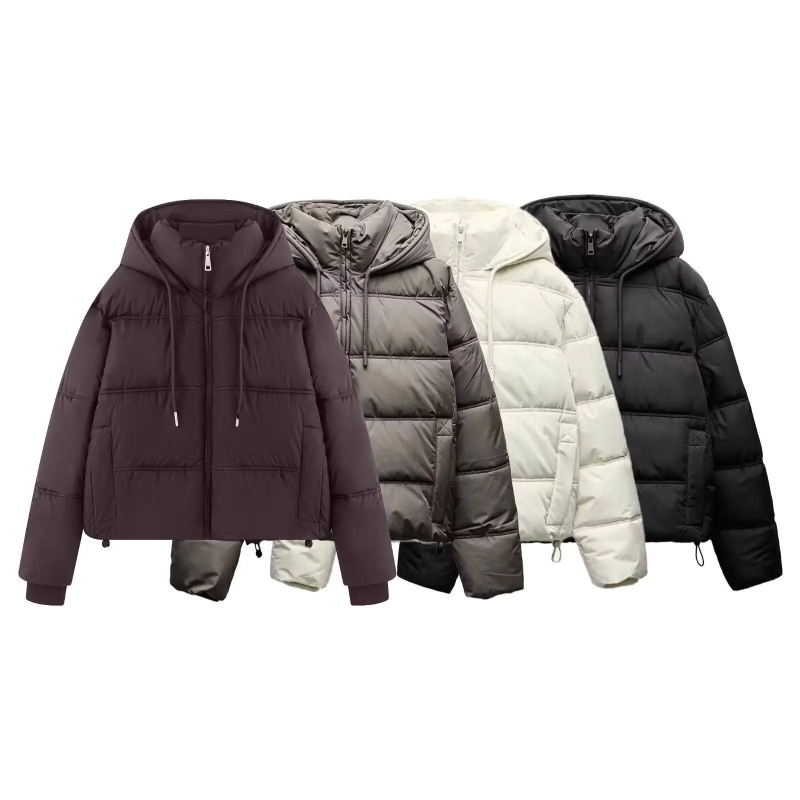 

Warm Women's Puffy Quilted Hooded Cotton Padded Coats Solid Stand Collar Full Sleeve Pockets Jacket Winter Lady Outwear New